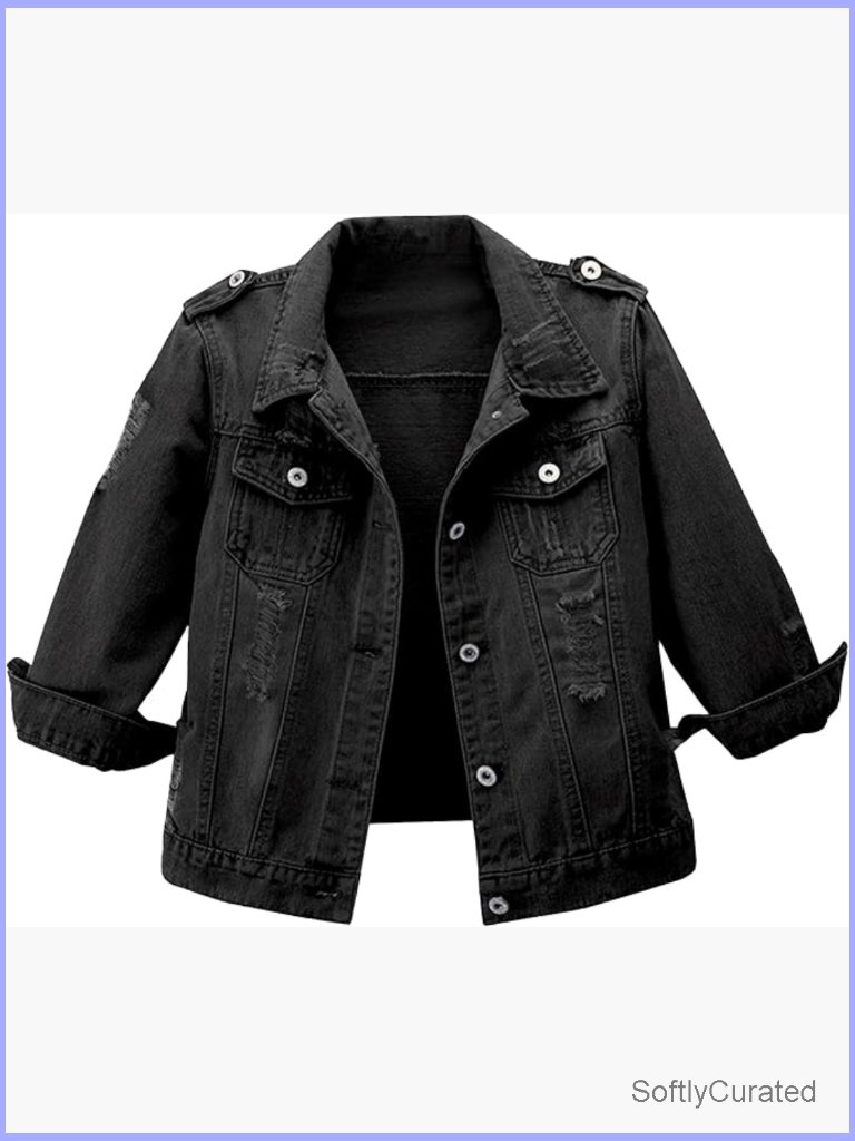 Retro Cropped Denim Jacket 3/4 Sleeve Distressed Button Front